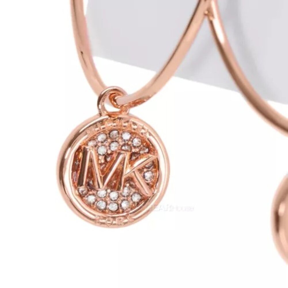 NEW! Michael Kors Charm Dangle Large Hoop Earrings Pave Crystals Rose Gold MK - Picture 3 of 15